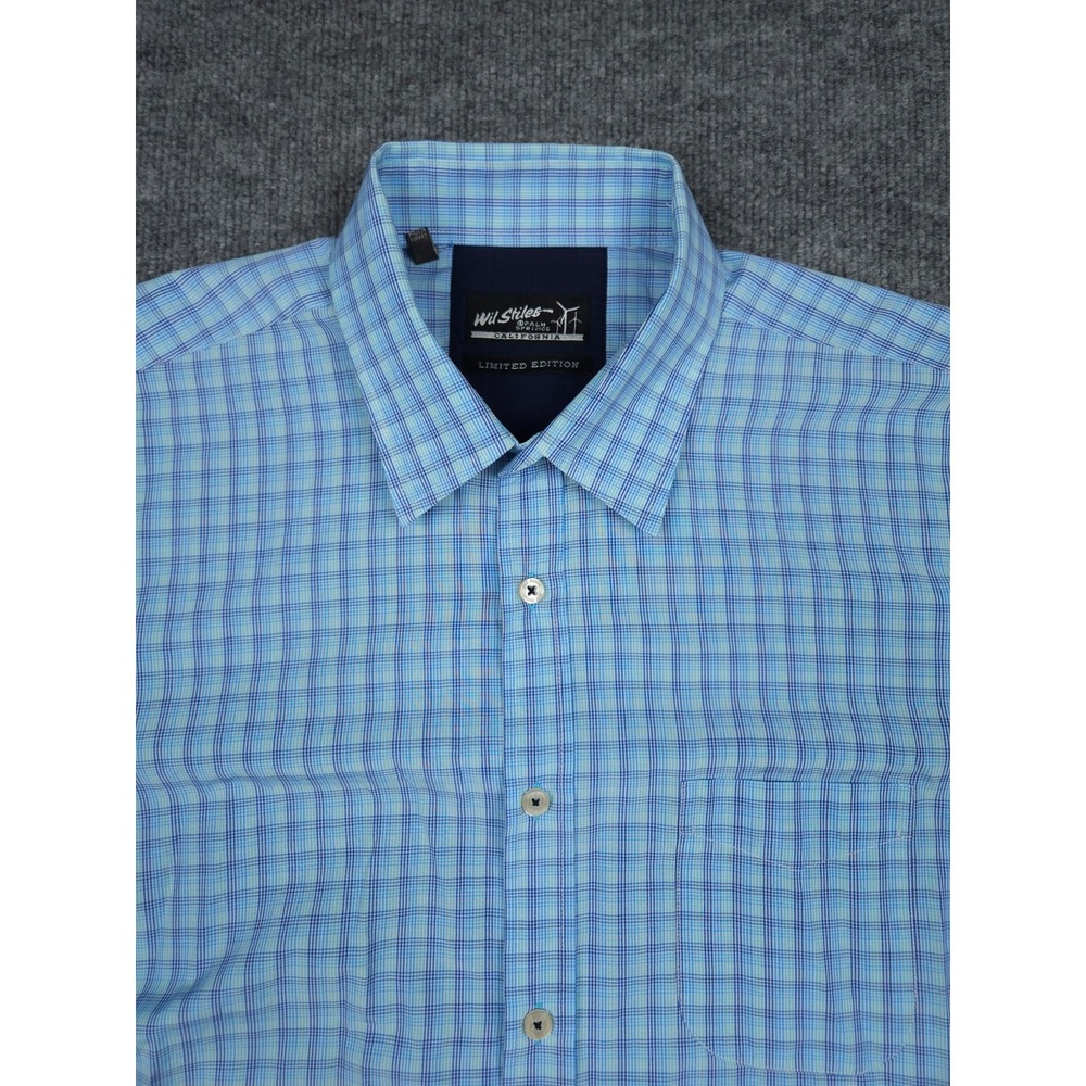 Wil Stiles Shirt Men's XL Plaid Blue Check Button Up Short Sleeve Cotton
